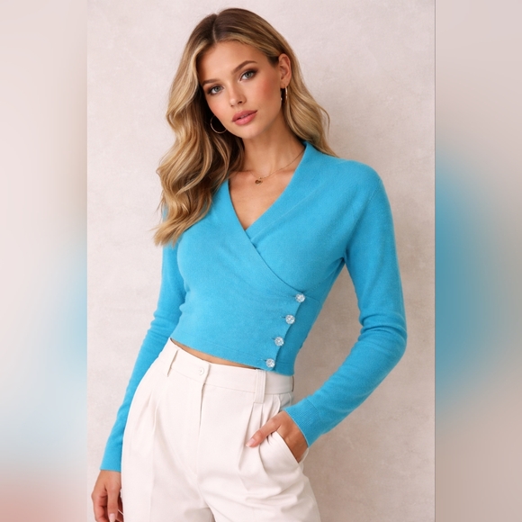 don rakow Sweaters - Don Rakow 100% Cashmere Aqua Cropped Wrap Cardigan Embellished Jewel Buttons M